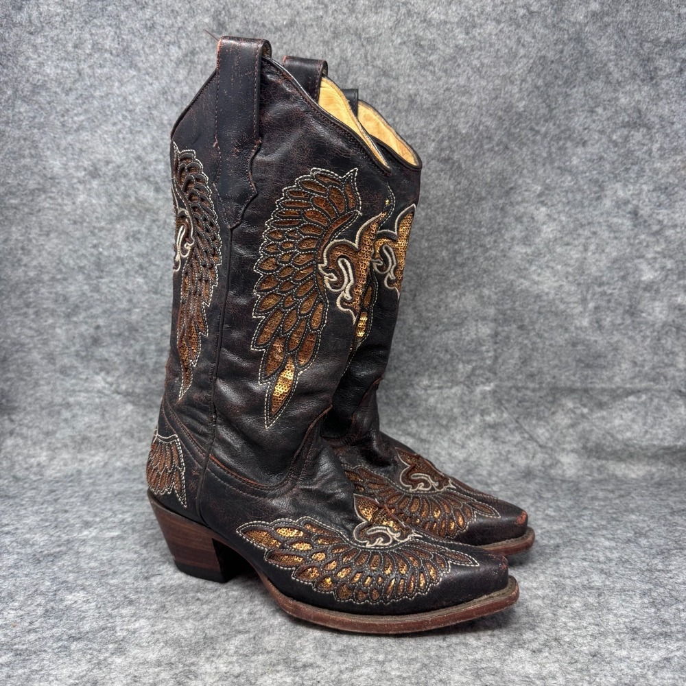 Corral Cowgirl Boots Womens size 7M Brown Leather Sequin Fleur De Lis Wings